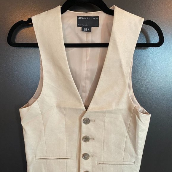 ASOS DESIGN wedding super skinny suit vest in stone linen mix (tan color) - Picture 2 of 12